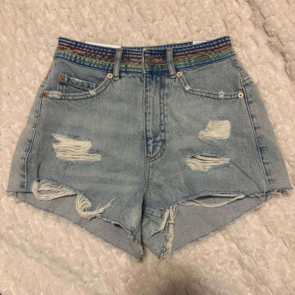 Garage Light Blue Distressed Denim Shorts with Multicolor Waistband